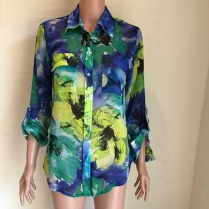 Fever Sheer Shirt Vibrant Blue/Green Floral Button-Up Blouse Women’s Size S